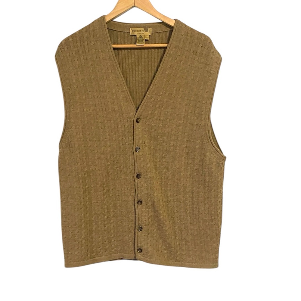 Tricot St Raphael pure new wool tan Knit Button-Front sweater Vest size Large